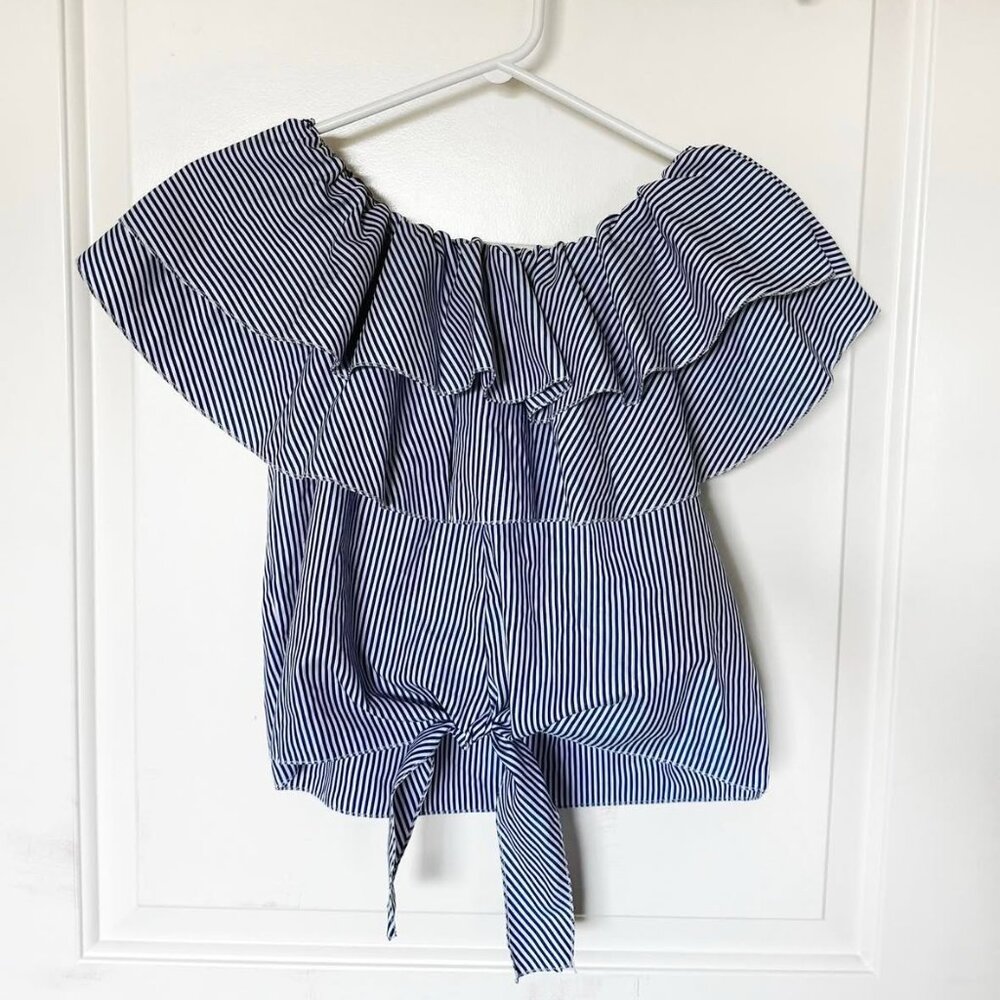 Striped Ruffle Front-tie Off-shoulder Top - Picture 2 of 3